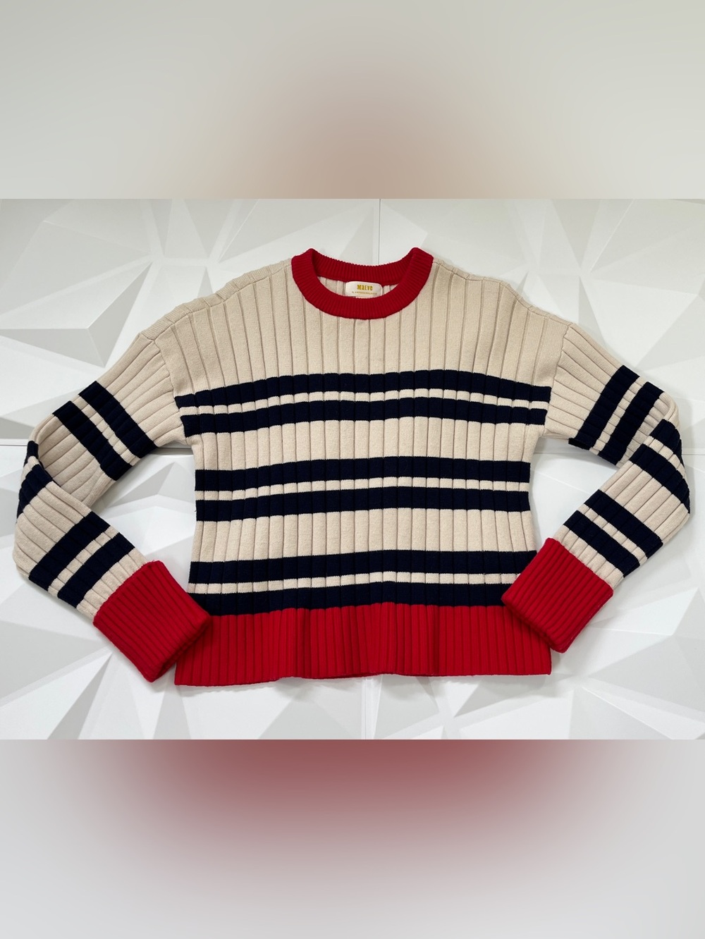 Maeve by Anthropologie Rib Crew Compact Pullover Sweater Cream & Navy Striped - Picture 11 of 16